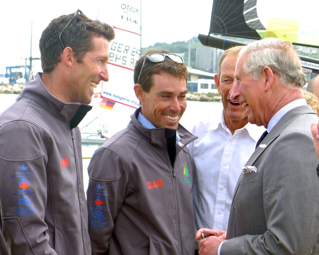 Malcolm Page, Mathew Belcher & Victor Kovalenko with the Prince of Wales - London 2012 Olympic Games © Richard Budd 2012